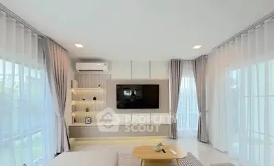 Spacious modern living room with large windows and elegant decor