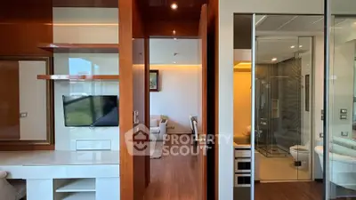 Luxurious apartment interior with modern living room and stylish bathroom