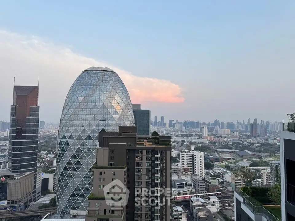 Stunning cityscape view featuring modern architecture and skyline at dusk.