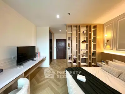 Modern bedroom with stylish decor and open shelving