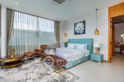 Luxurious bedroom with modern decor, featuring a plush bed, elegant lighting, and stylish furniture.