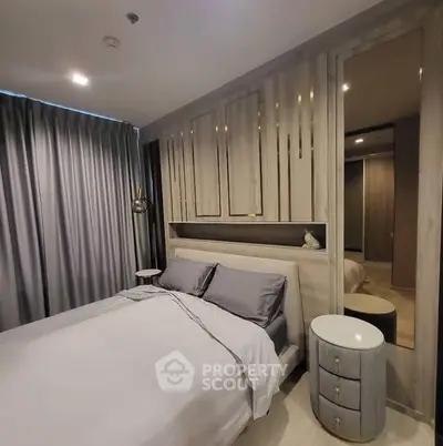 Luxurious modern bedroom with elegant decor and ambient lighting
