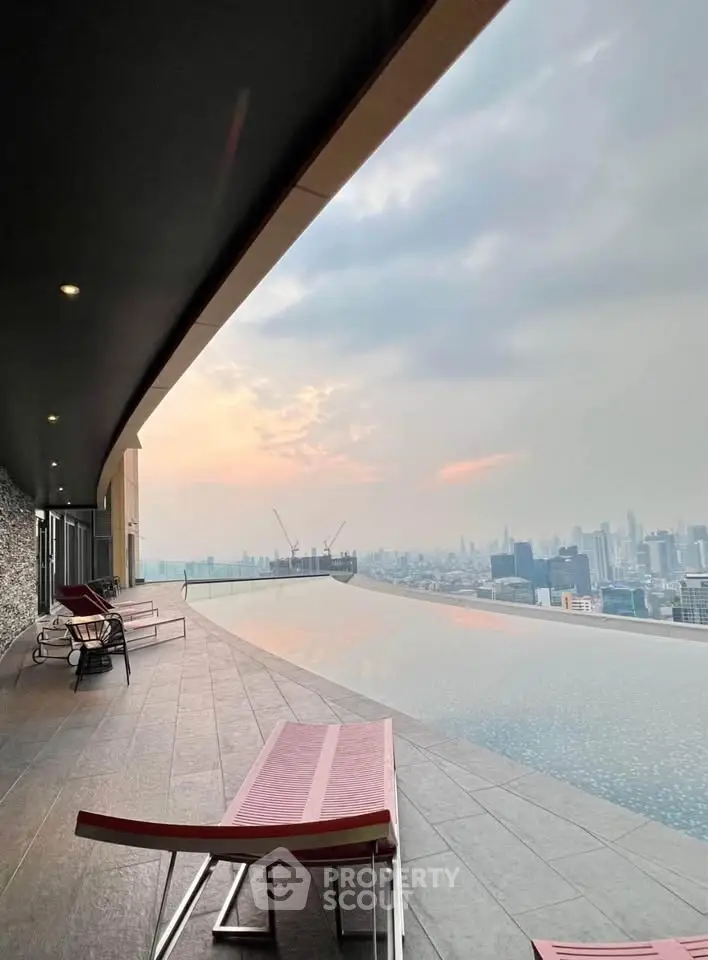 Luxurious rooftop infinity pool with stunning city skyline view at sunset.