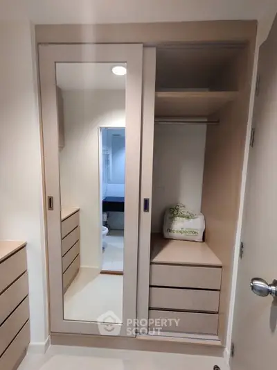 Modern closet with mirror doors and ample storage in a stylish bedroom