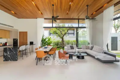 Luxurious open-plan living room with modern furniture and garden view