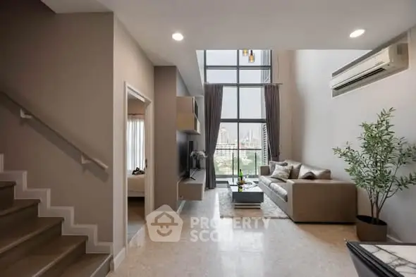 Luxurious modern living room with high ceilings and city view