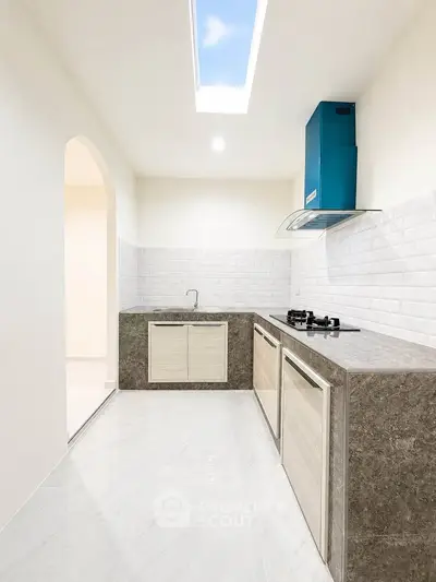 Modern kitchen with sleek design, featuring gas stove and skylight for natural lighting.
