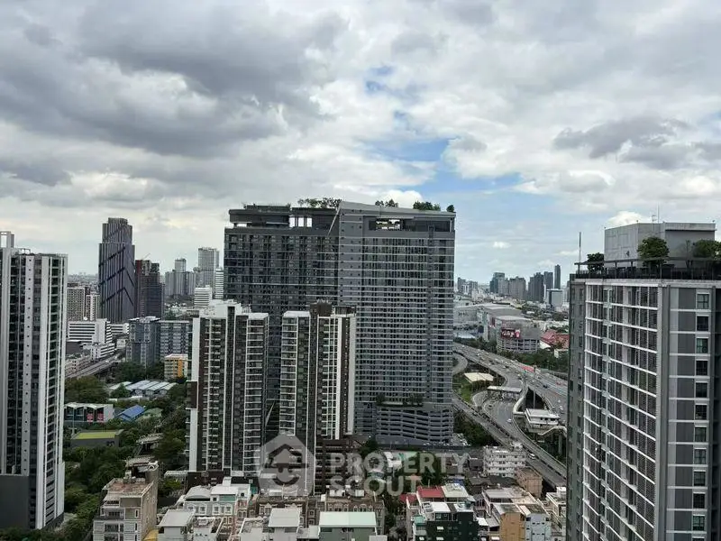 Stunning cityscape view showcasing modern high-rise buildings under a cloudy sky.
