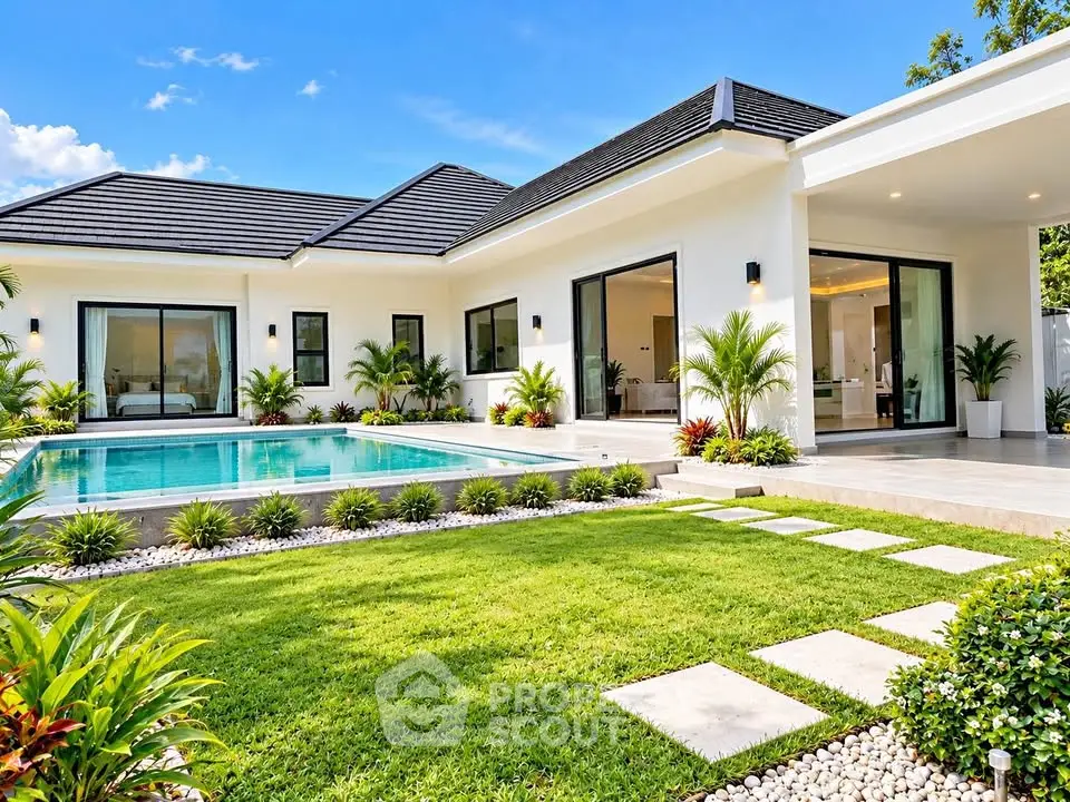Luxurious modern villa with pool and landscaped garden, perfect for serene living.