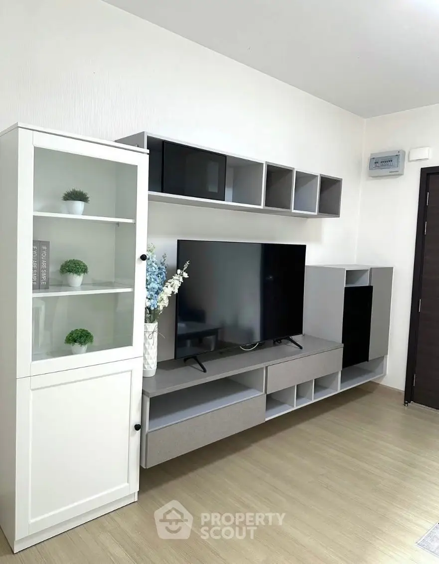 Modern living room with sleek TV unit and stylish shelving