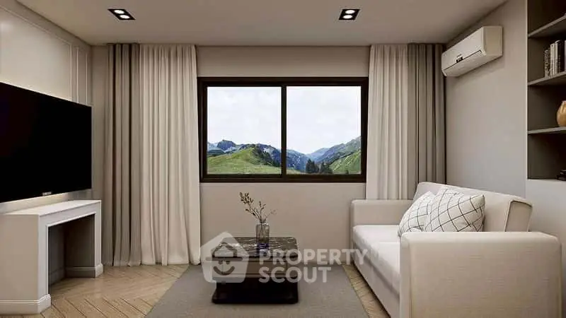 Modern living room with scenic window view and stylish decor