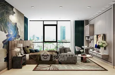 Luxurious modern bedroom with stunning city view and elegant decor