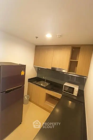 Modern kitchen with sleek cabinetry and appliances in a compact layout.