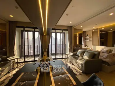 Luxurious modern living room with city view and elegant decor