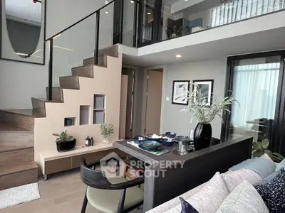 Modern duplex living room with stylish dining area and elegant staircase