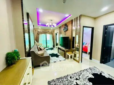 Luxurious living room with modern decor and vibrant lighting