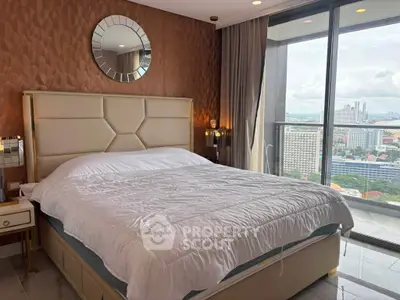 Luxurious bedroom with stunning city view and elegant decor