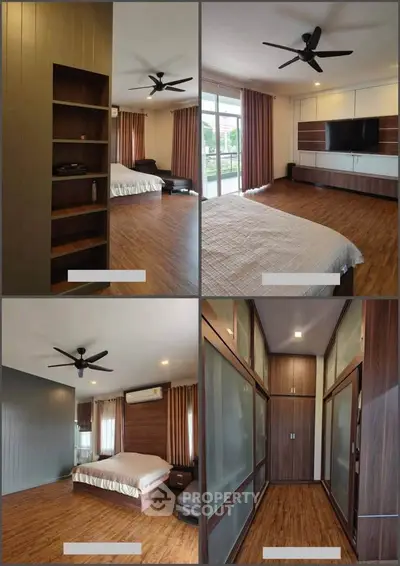 Spacious modern bedroom with wooden flooring and large windows for natural light.