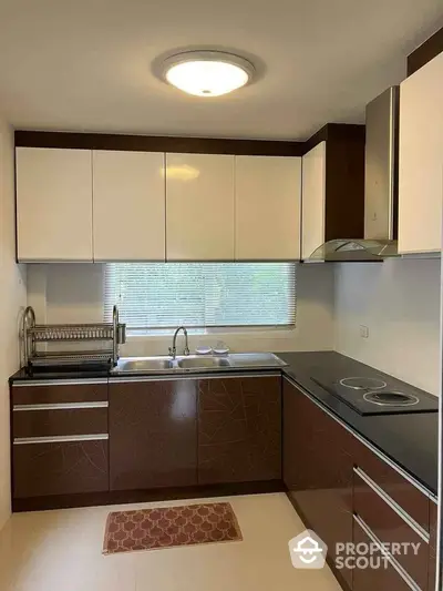 Modern kitchen with sleek cabinets and electric stove in a cozy apartment.