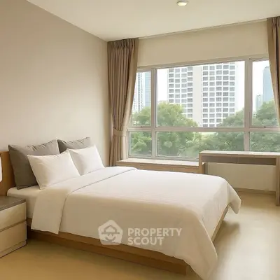 Modern bedroom with large window and city view, featuring a cozy bed and elegant decor.