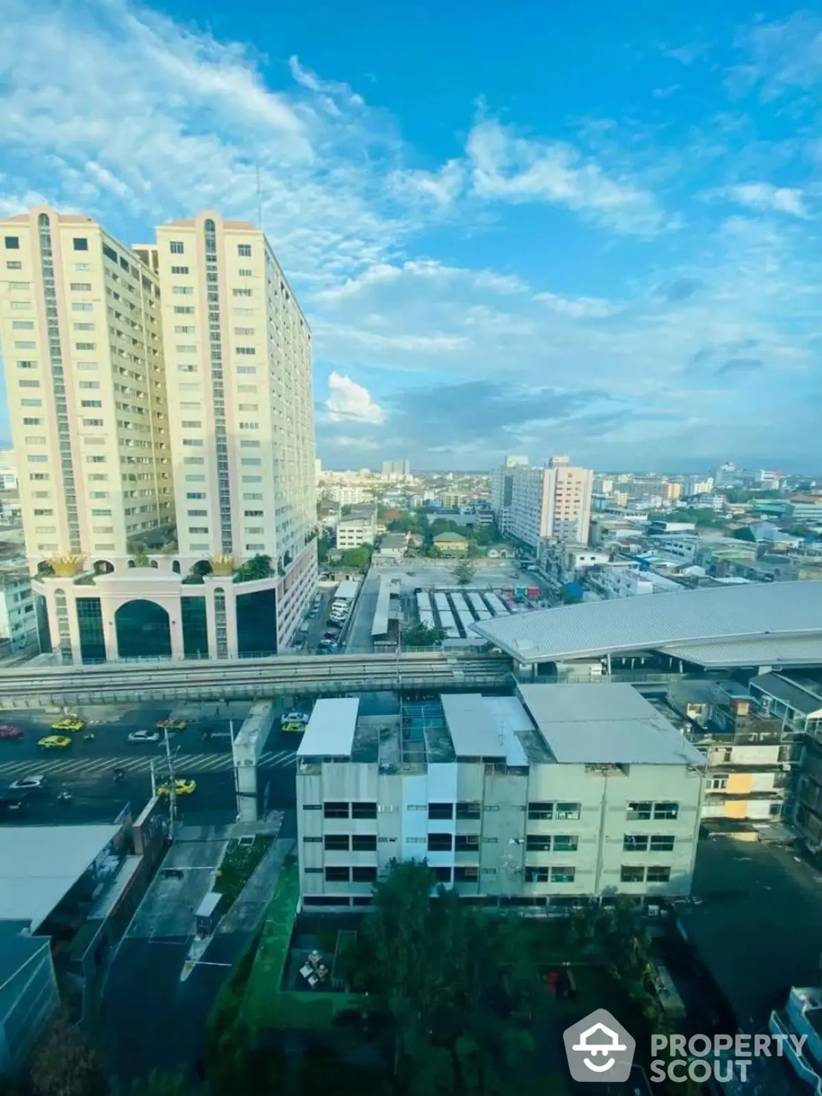 Stunning cityscape view from high-rise building with clear blue sky