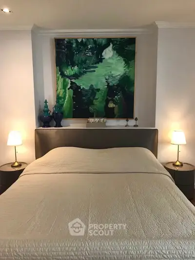 Elegant bedroom with stylish decor and ambient lighting