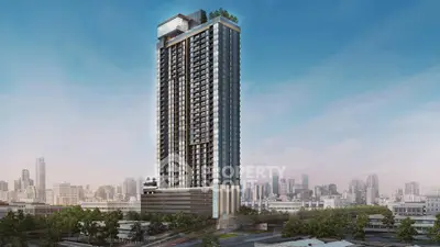Stunning high-rise building with modern architecture and lush rooftop garden in urban skyline.