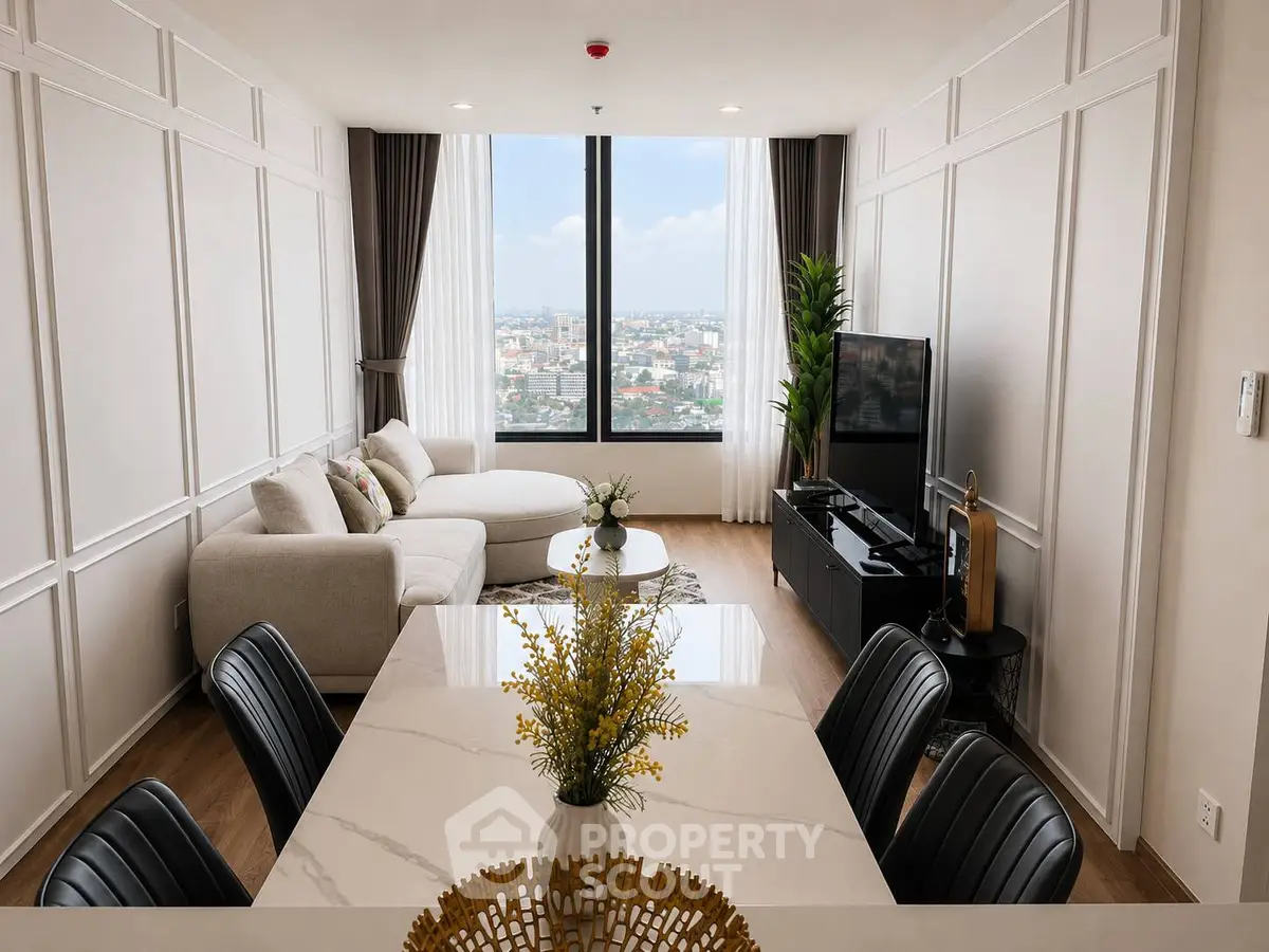 Elegant living room with panoramic city view, modern furniture, and stylish decor