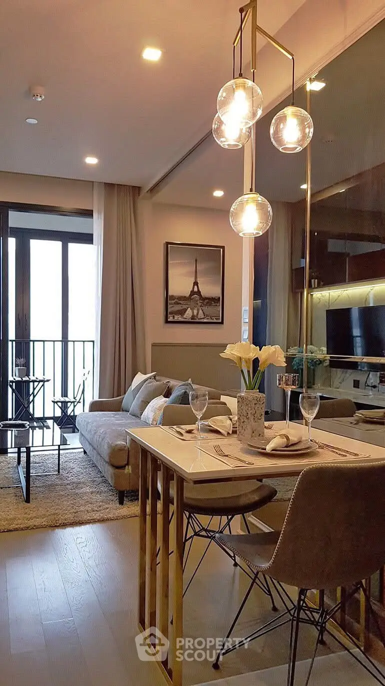 Modern living room with elegant dining area and balcony view