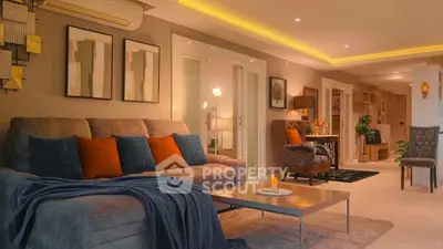 Luxurious living room with modern decor and ambient lighting