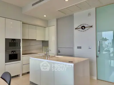 Modern kitchen with sleek white cabinetry and island in high-rise apartment