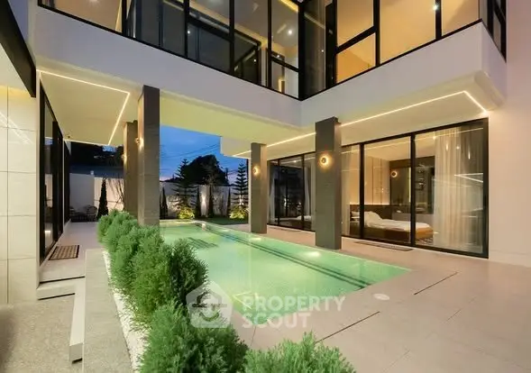 Luxurious modern home with private pool and elegant lighting, perfect for upscale living.
