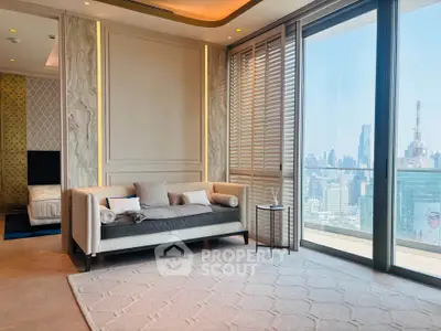 Luxurious living room with stunning city view and elegant decor