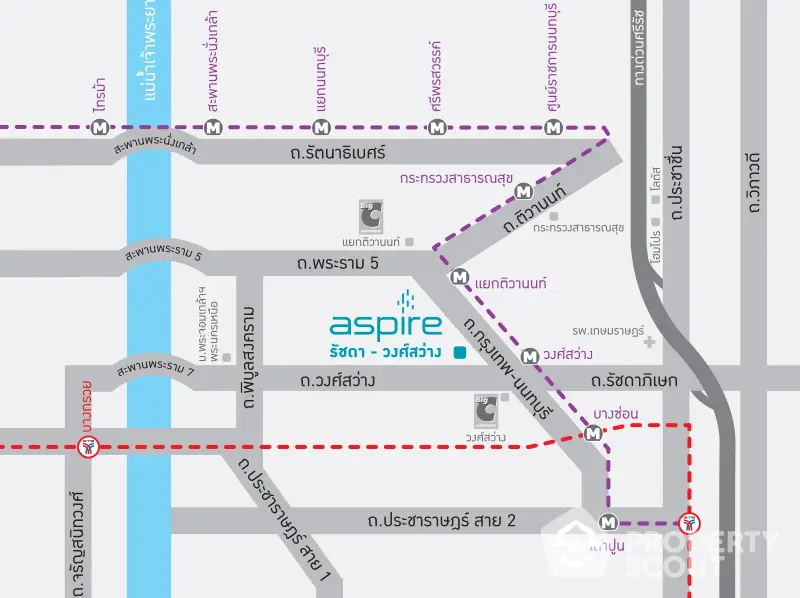 Map showing location of Aspire Ratchada-Wongsawang with nearby streets and metro stations.