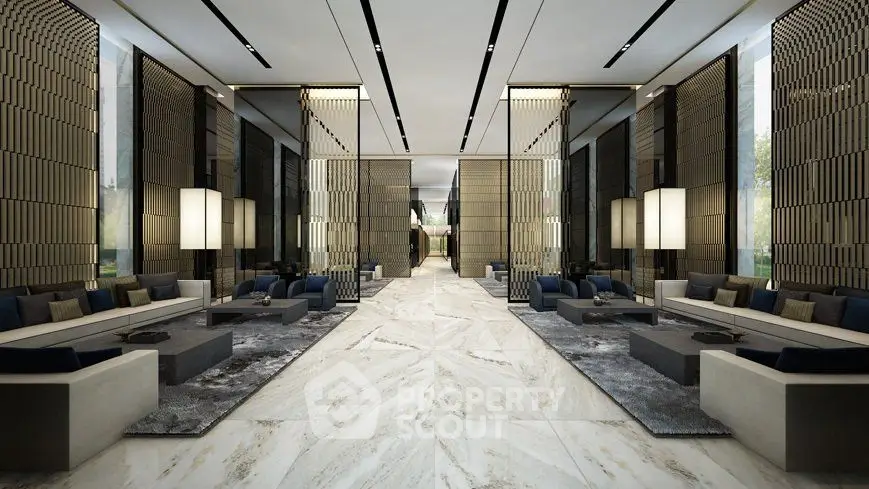 Luxurious modern lobby with elegant seating and marble flooring