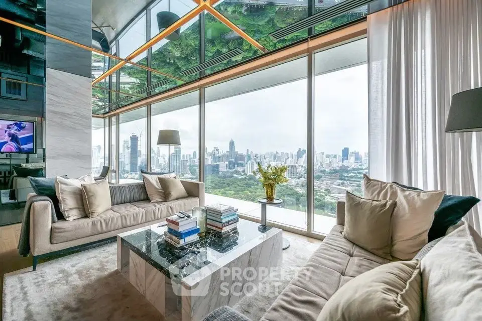 Luxurious living room with panoramic city view and elegant decor
