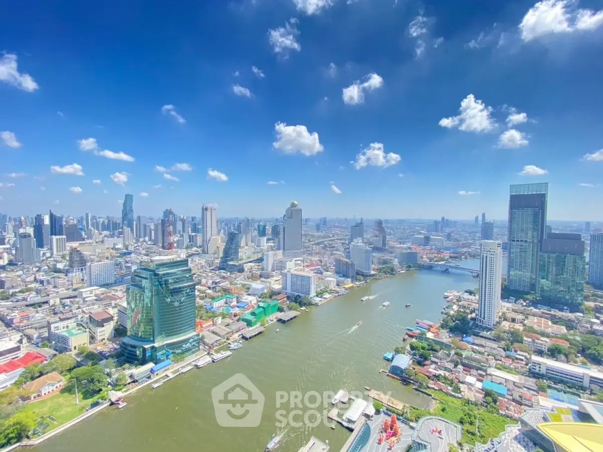 Stunning panoramic cityscape view with river and skyscrapers under a clear blue sky.
