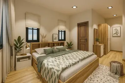 Modern bedroom with wooden furniture and cozy decor