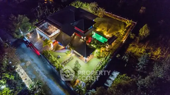 Stunning aerial view of luxury villa with pool and lush garden at night, perfect for serene living.