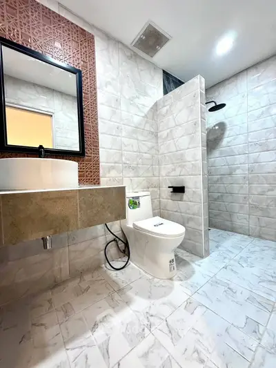 Modern bathroom with stylish tiles and sleek fixtures