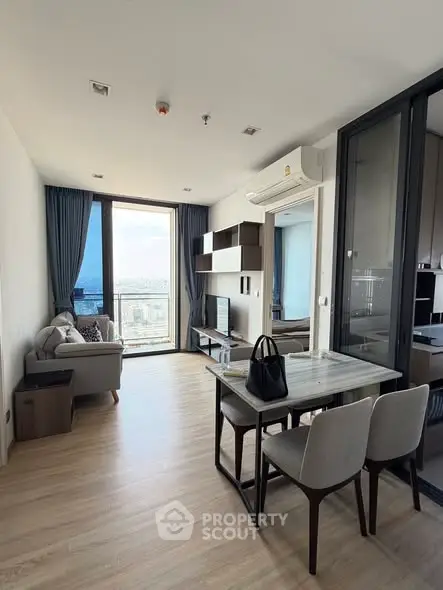 Modern living room with panoramic city view and stylish furniture
