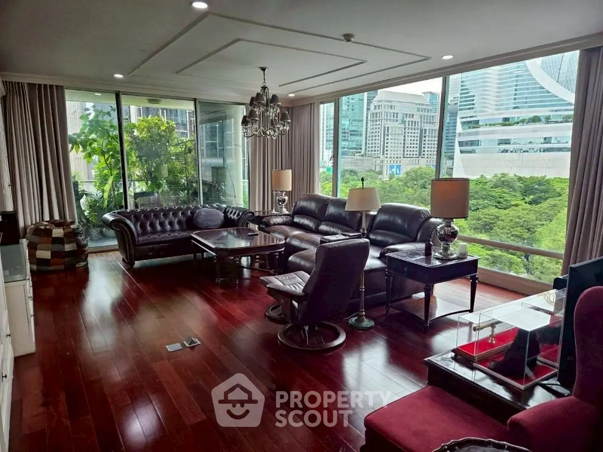 Luxurious living room with city view and elegant furnishings