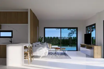 Modern open-plan living room with pool view, featuring sleek furniture and large windows.