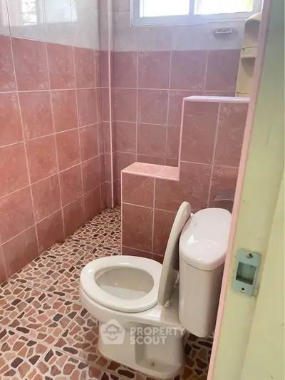 Charming pink-tiled bathroom with natural light and unique step design