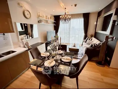 Luxurious modern living room with elegant dining area and stunning city view.