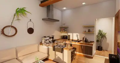 Modern open-layout kitchen and living room with stylish decor and wooden accents.