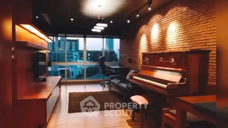 Stylish living room with piano and city view, perfect for music lovers.