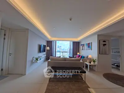 Luxurious living room with modern decor and stunning city view