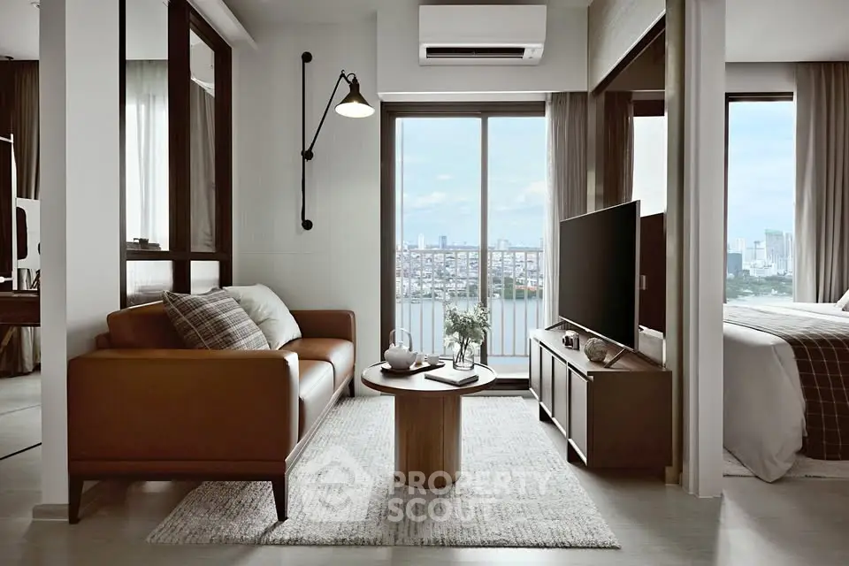 Modern living room with city view, stylish furniture, and natural light.