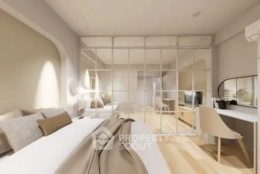 Modern bedroom with stylish decor and natural light, featuring a cozy bed and a sleek workspace.